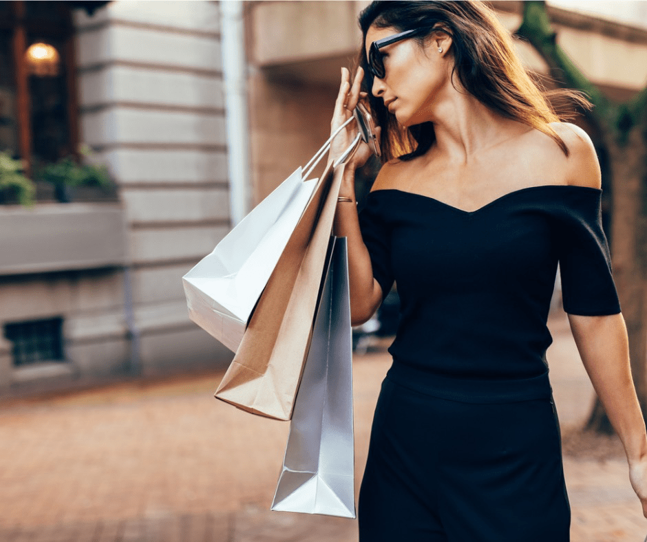 New Year Vedasuary Sale at Vedas Medical Spa & Wellness Center. Image of a woman with lots of shopping bags.