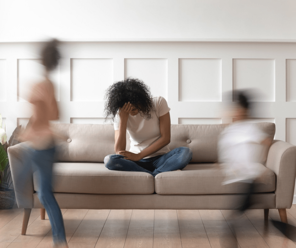 frustrated-stressed-african-mom-feel-tired-annoyed-about-noisy-kids-picture-id1158481725