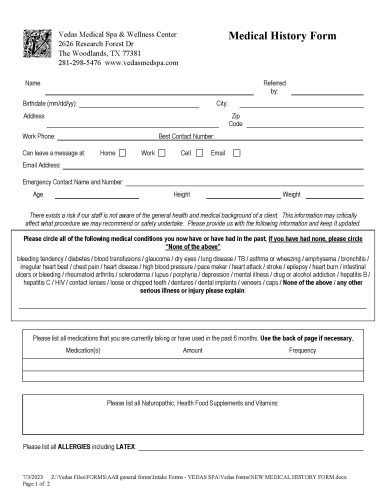 New Medical History Form