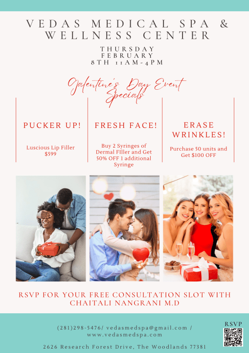 Valentines Day Event flyer at Vedas Medical Spa & Wellness Center